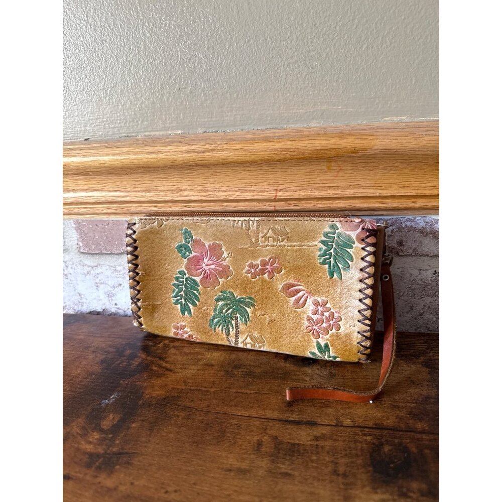 Handmade Leather Floral & Palm Tree Embossed Zipper Wristlet Wallet Vintage